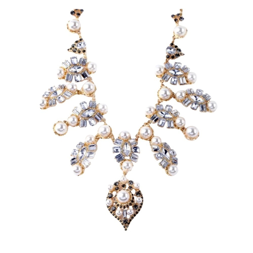 Statement Crystal & Pearl Drop Necklace – Gold Tone, Elegant Glam Design